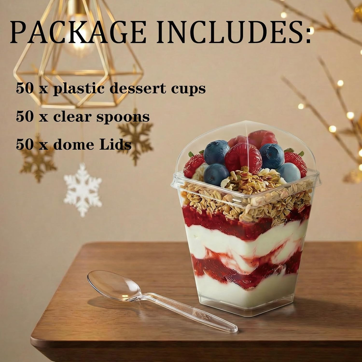 50Pack 5Oz Clear Plastic Dessert Cups with Lids and Spoons, Reusable Square Parf