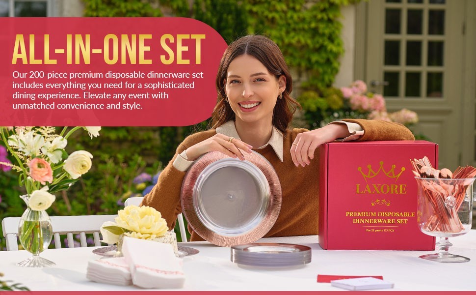 LAXORE 200 Pcs Plastic Disposable Dinner Plates Set for 25 Guests