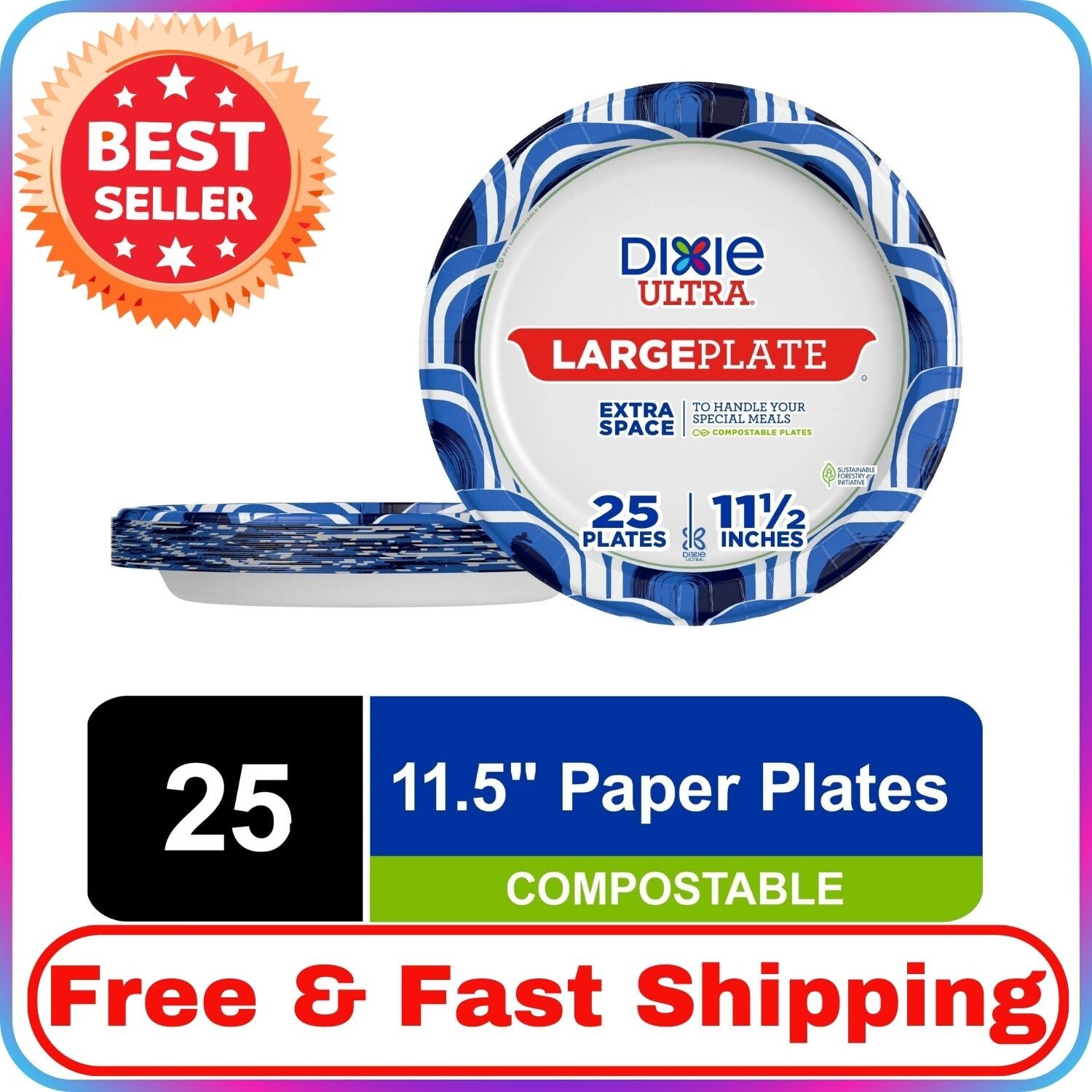 Dixie Ultra 11.5″ Large Disposable Paper Plates, Multi-Color, 25 Count