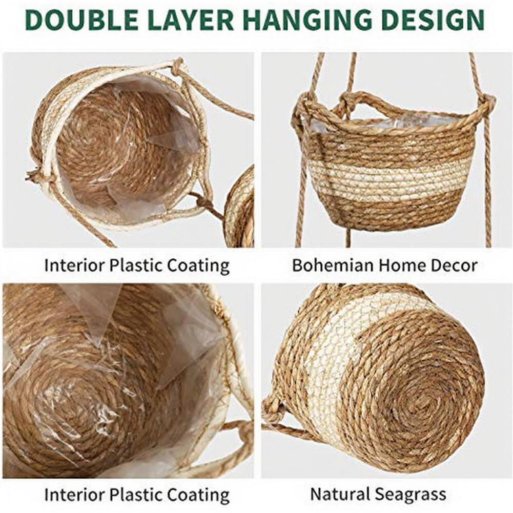 Natural Tone Hanging Plant Basket – Woven Wicker for Contemporary Home Decor
