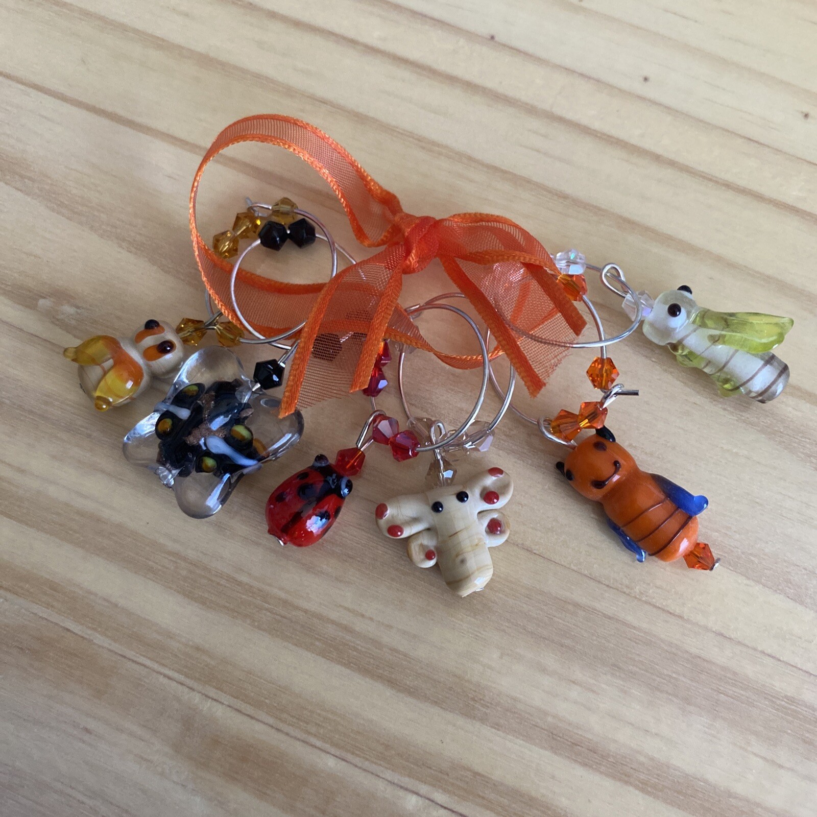 FUN BUTTERFLY LADYBUG GRASSHOPPER ETC. WINE GLASS CHARM RINGS SET OF 6