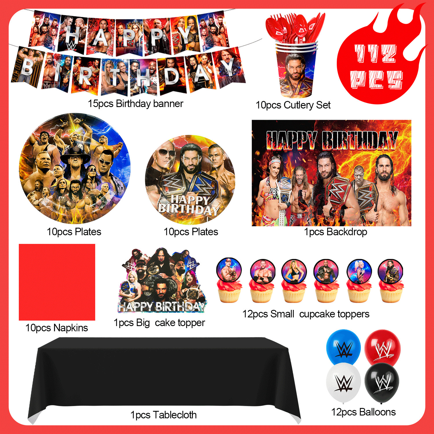 114Pcs Wrestling Match Birthday Decorations WWE Party Set Tableware Balloons Cup