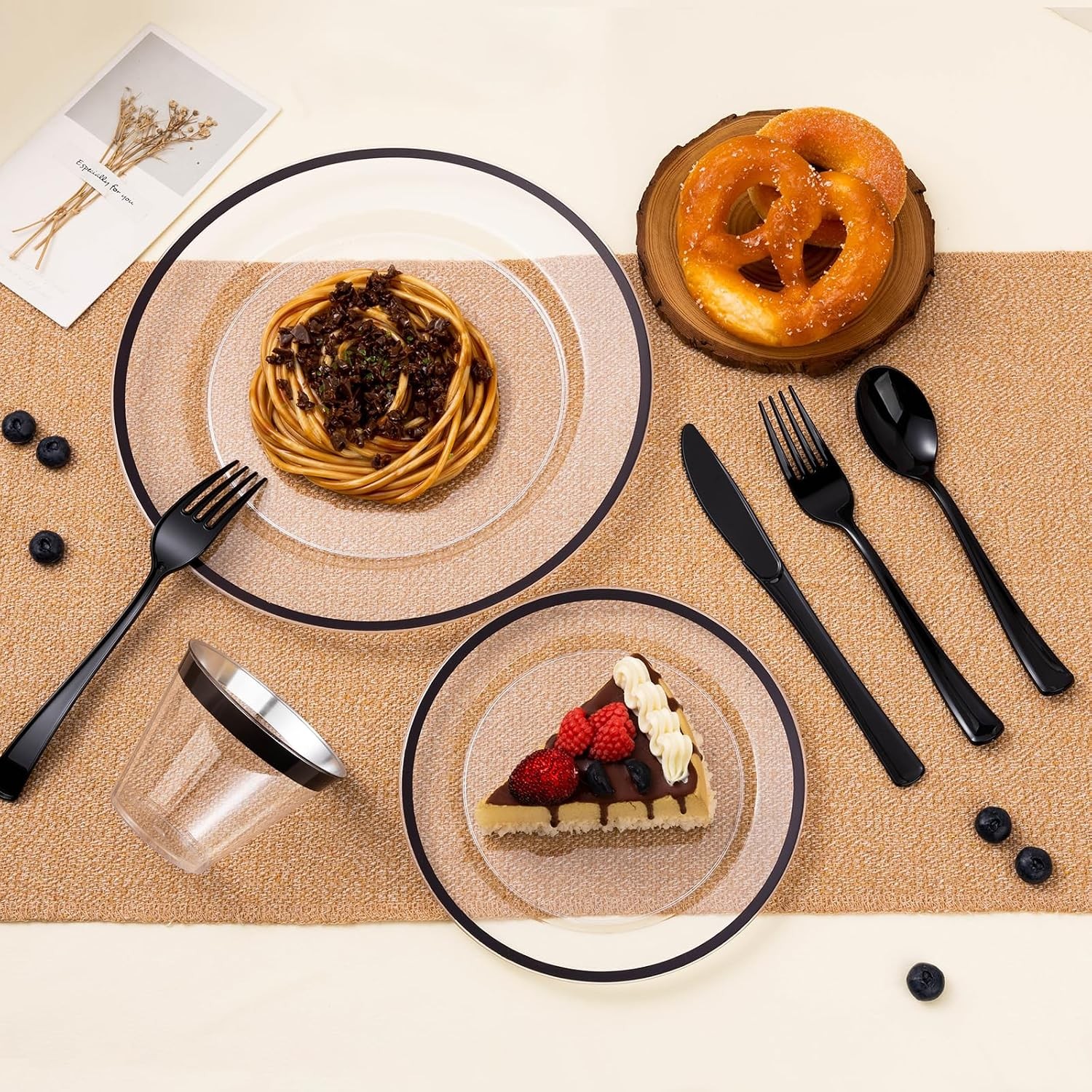200PCS Black and Clear Plastic Plate, Black Disposable Plate