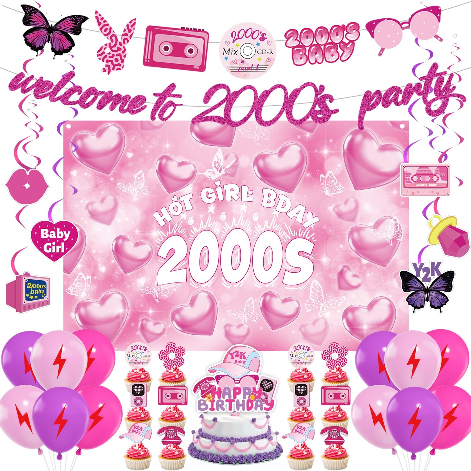 Y2K Party Decorations Early 2000s – 40 Pcs Pink Retro Themed Multicolor