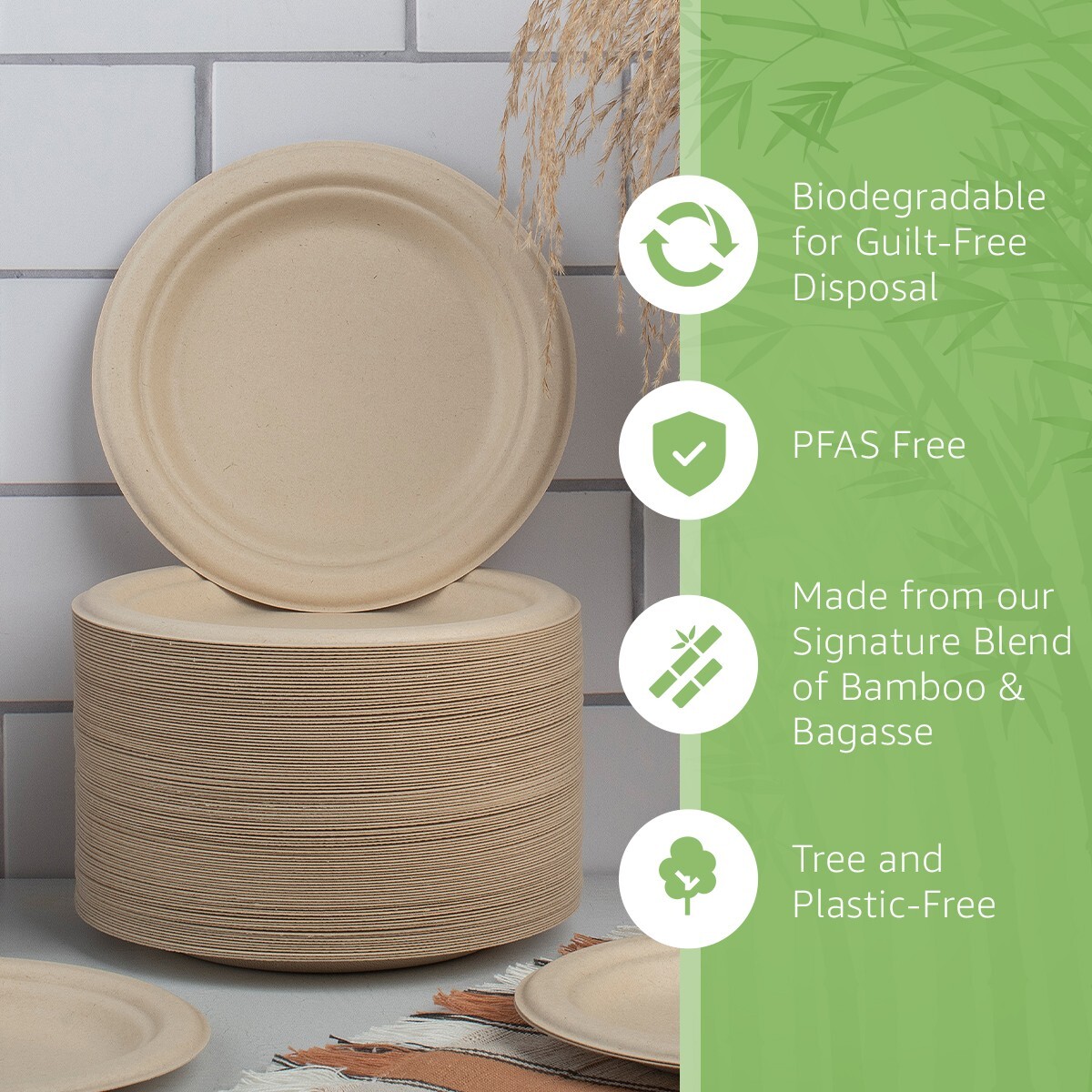 Ibambo Bamboo Disposable Paper Plates – 7 Inch, 125 Pack, Compostable Plates