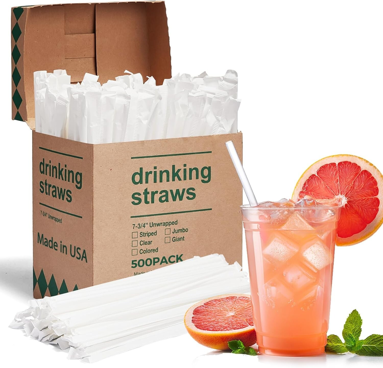 500/1000pcs Individually Wrapped Clear Plastic Drinking Straws Made in USA