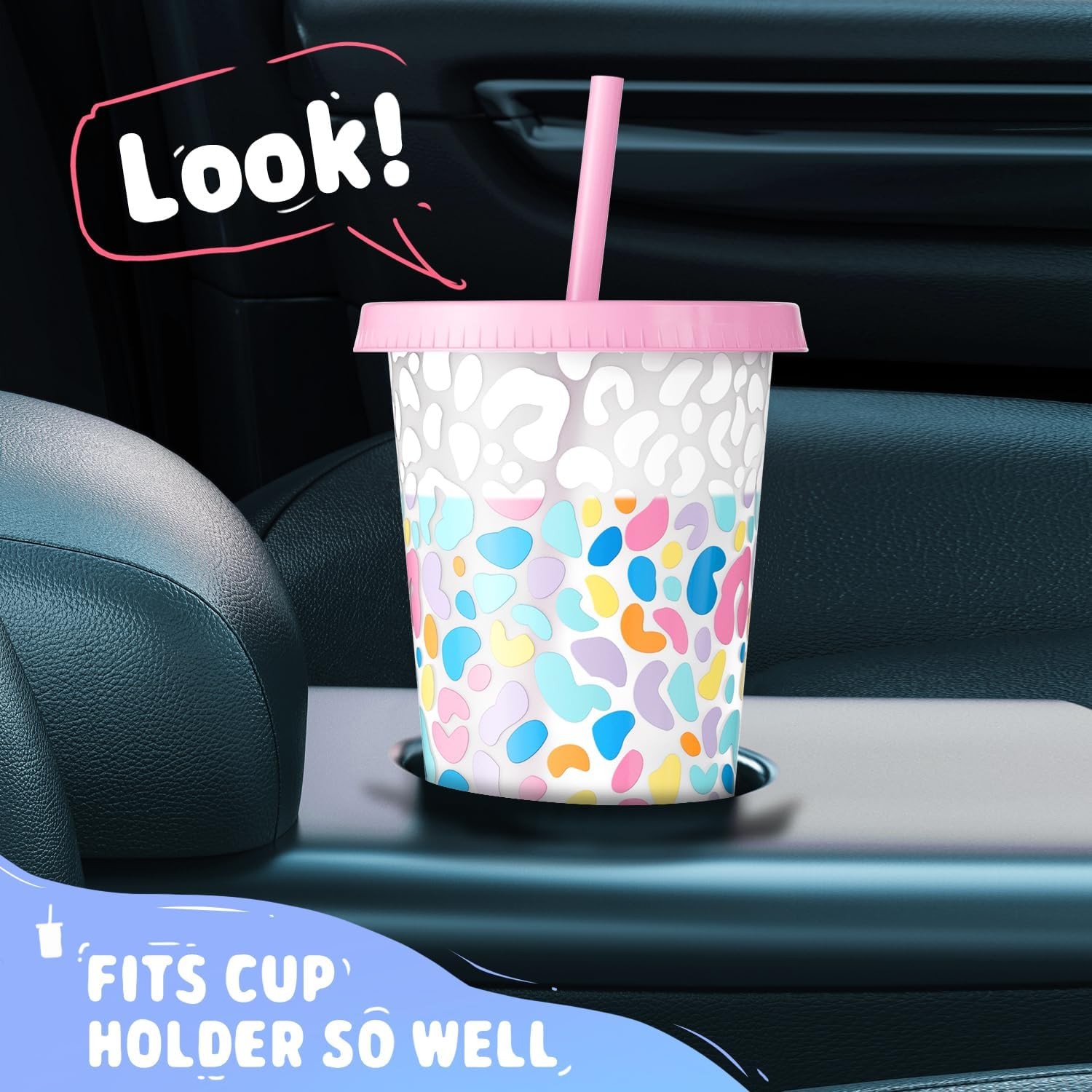 Meoky Plastic Cups with Lids and 6 Count (Pack of 1), Solid & Patterned