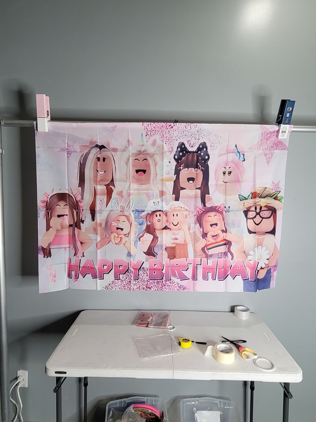 Ro-blox Pink Girl Game Dolls 3.3ft x 4.9ft BANNER BACKDROP FABRIC HAPPY BIRTHDAY