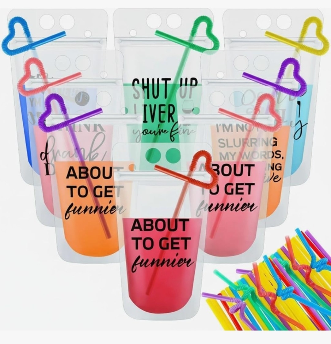 24 Reusable BPA-Free Drink Pouches + 24 Straws Leak-Proof Resealable Party