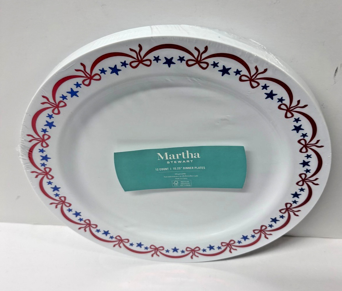 12 pk Martha Stewart Patriotic Red, White & Blue Disposable Dinner Plates 10.25″