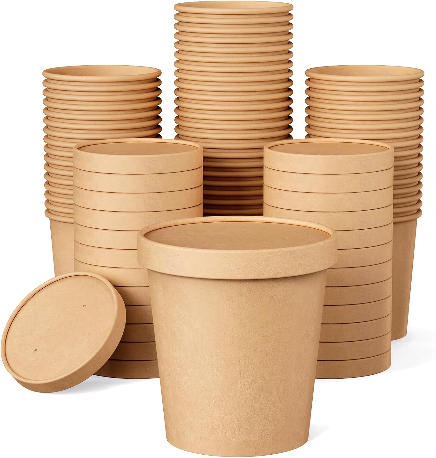 50pack 16oz Paper Soup Containers with Lids, Disposable Paper Food Cups, Brown