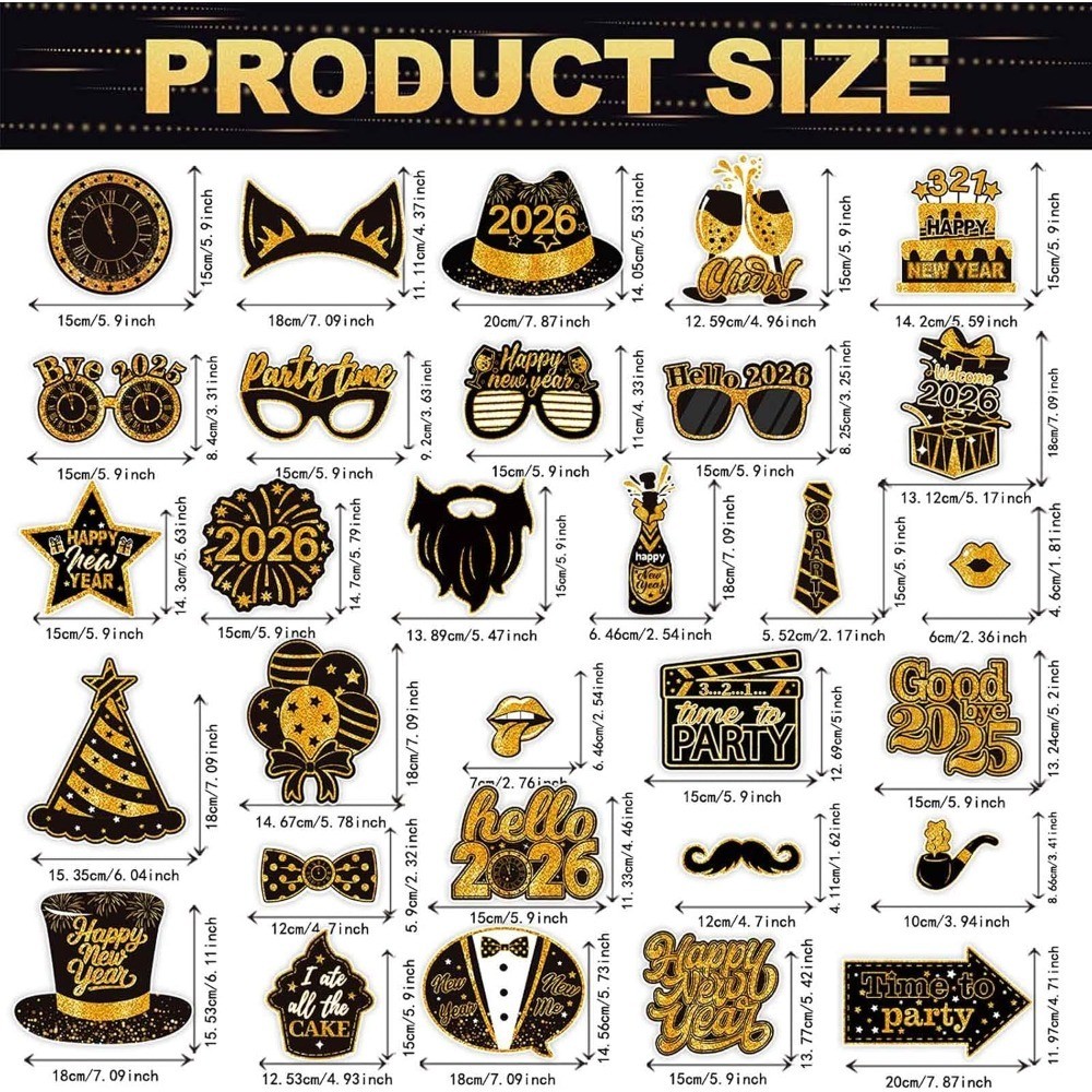 New Years Eve Photo Booth Props 2026- Huge Pack of 30 | Happy New Year