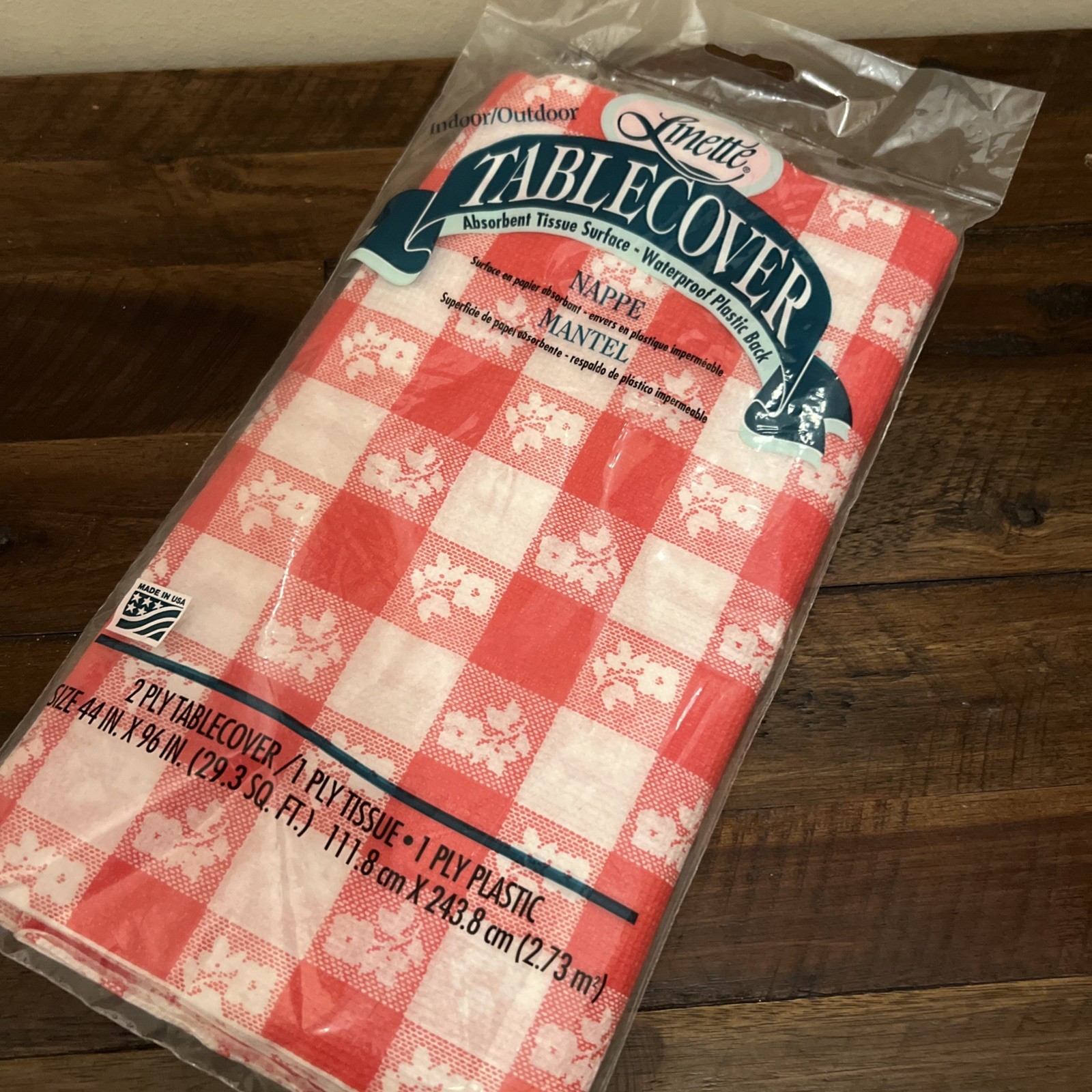 Vtg Picnic Table Cover Tablecloth Gingham Check Paper Tissue Plastic Red USA