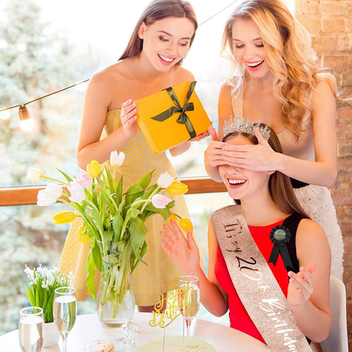 20th Birthday Rose Gold Sash and Tiara for Women Happy 20th Decorations Gift