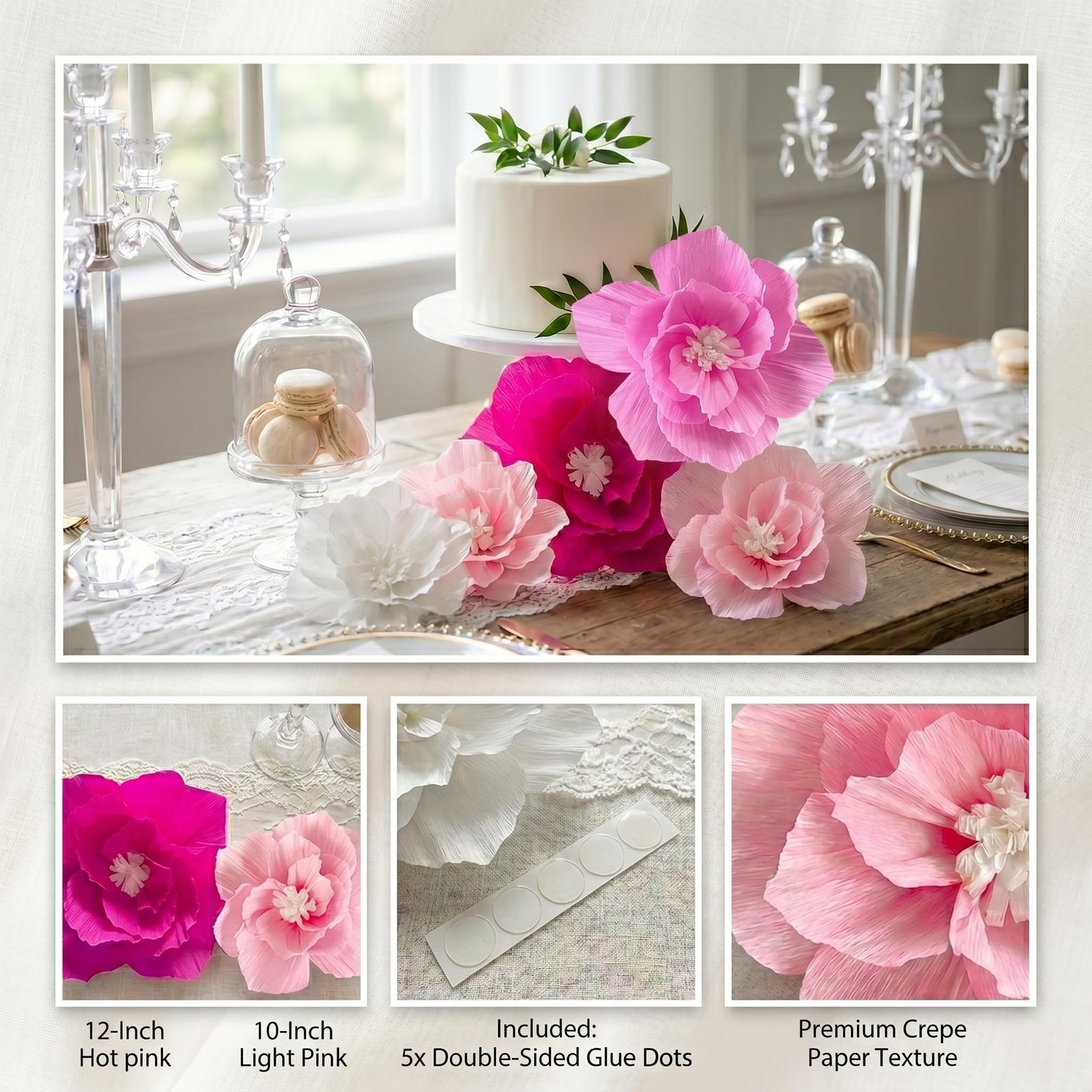Pink Paper Flowers, Hot Light Pink White, 3D Wall Decor