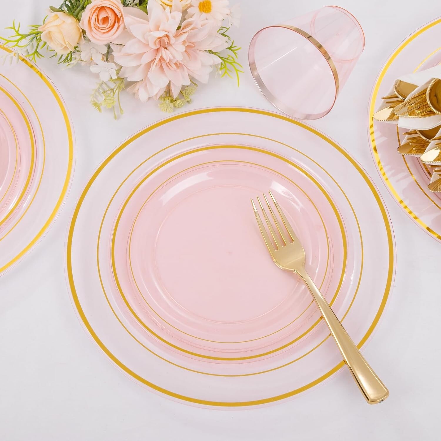 210Pcs Clear-Pink Plastic-Plates – Pink and Gold Plastic Dinnerware include 3…