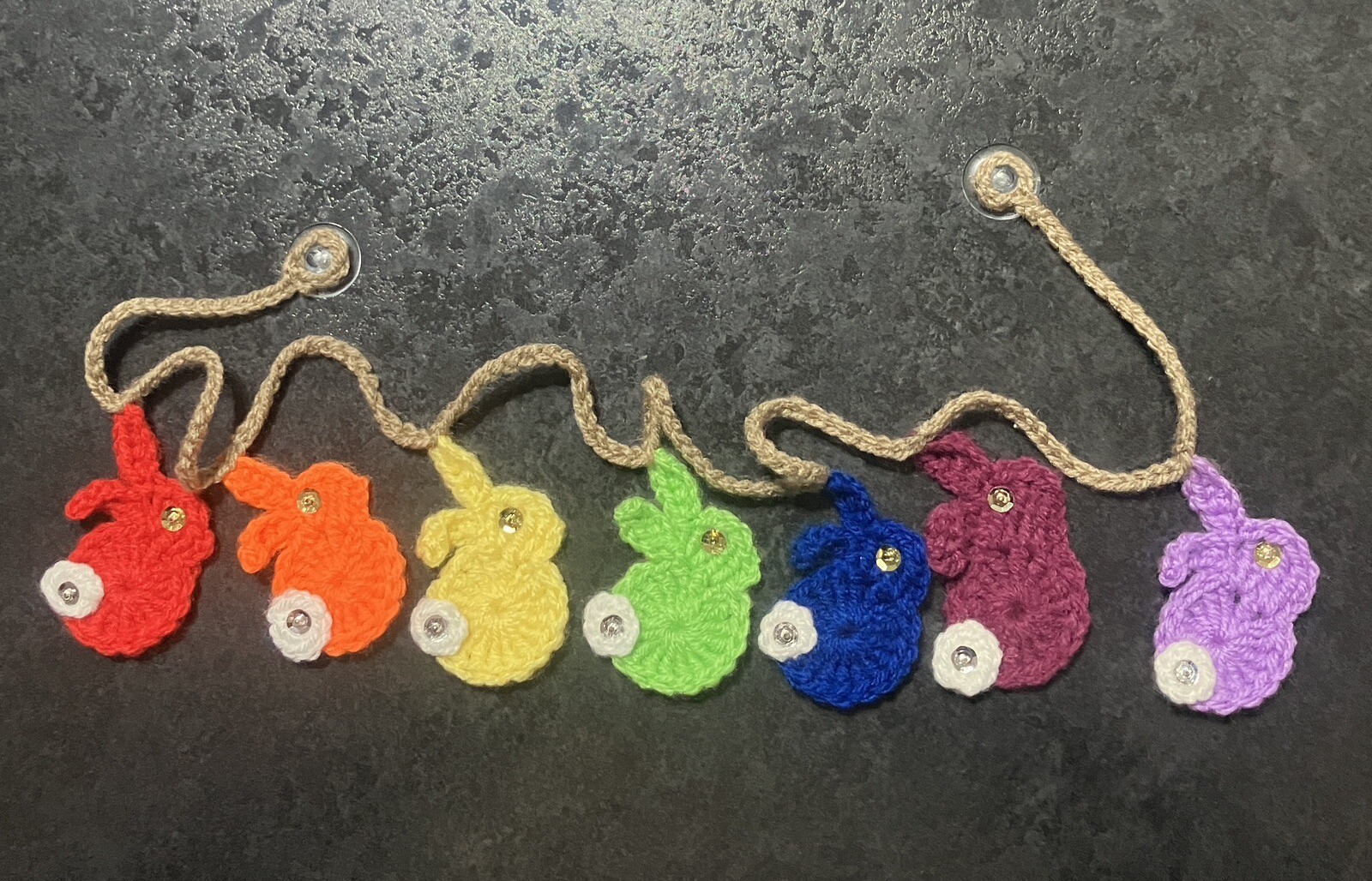 🐰NEW Rainbow Bunny Rabbit Hand Crochet sequin bunting camper SUMMER Gift
