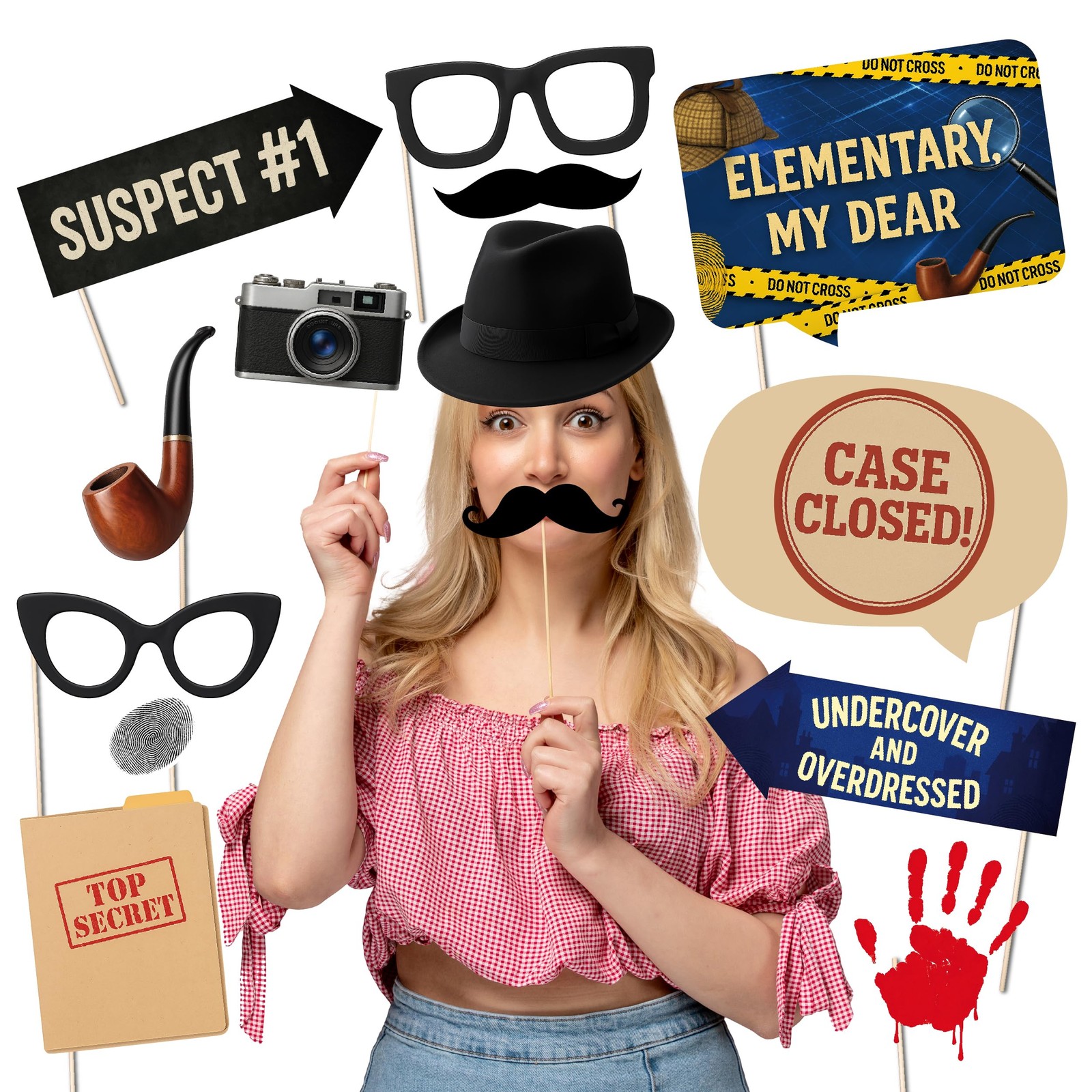 Photo Booth Props for Detective Spy Party, Mystery Game Night Supplies, 20-Piece