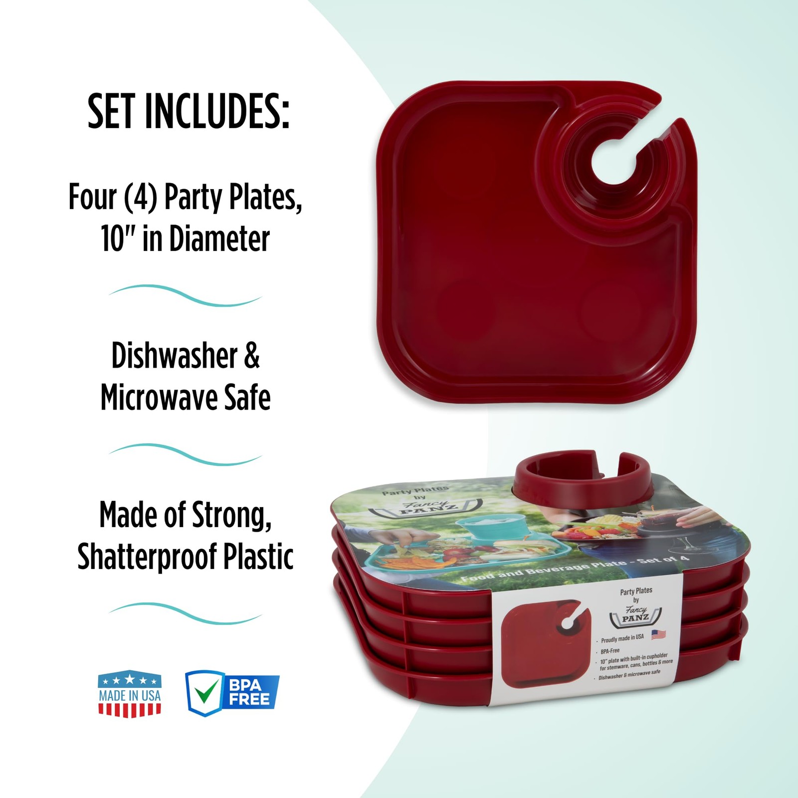 Fancy Panz Party Plates with Cup Holder – Set of 4 Purple Reusable BPA Free Plas
