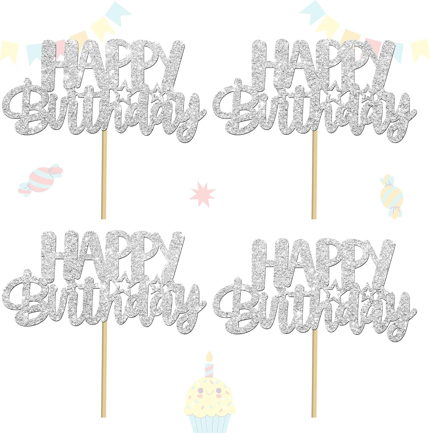 Glitter Silver Birthday Centerpiece Sticks 12PCS Happy Birthday Party Table Deco
