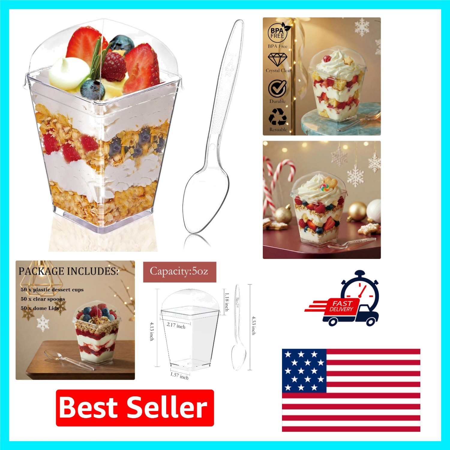 50Pack 5oz Clear Dessert Cups with Lids & Spoons – Perfect for Elegant Parties