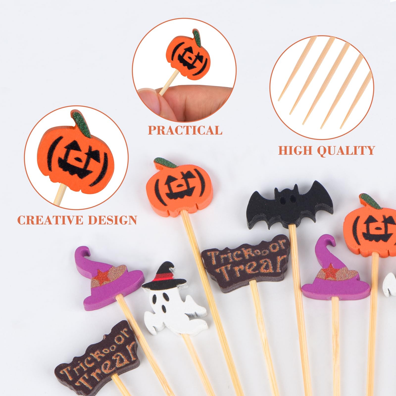 100 Pack Halloween Toothpicks For Appetizers 4.7 Inch Natural Bamboo Cocktail Pi