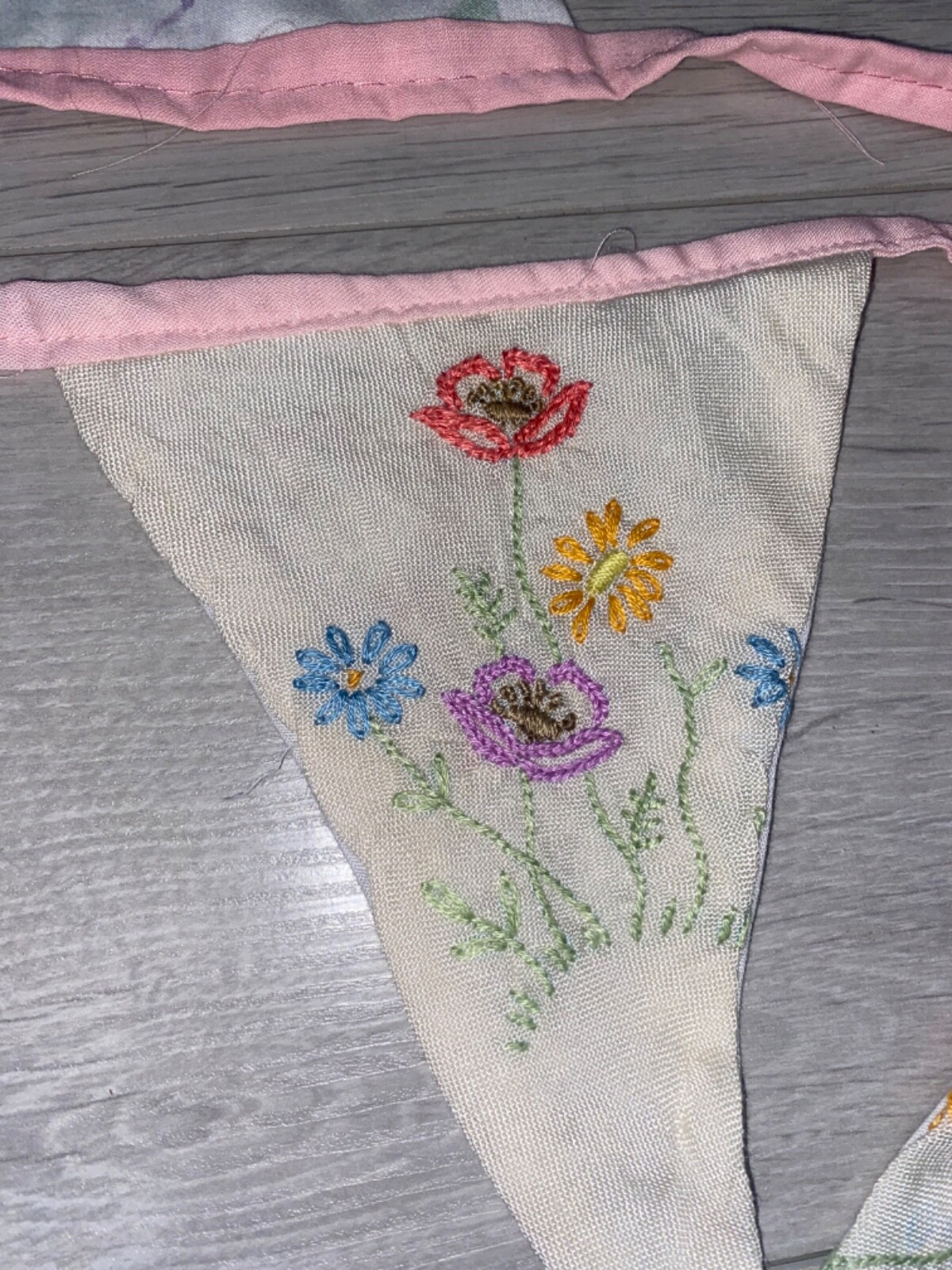 2 x Vintage Embroidered Sampler,Antique Bunting Pink,Tea Party,Nursery Art Deco