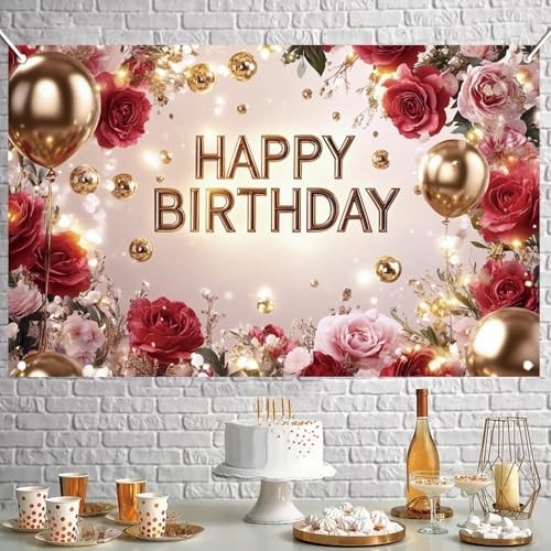 Red and Gold Happy Birthday Backdrop Banner Elegant Photography Rose Floral