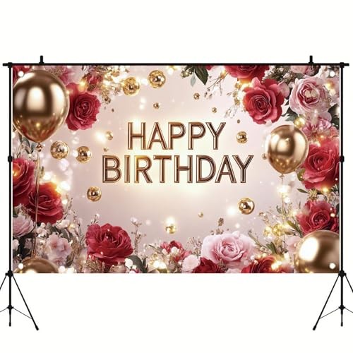 Red and Gold Happy Birthday Backdrop Banner Elegant Photography Rose Floral
