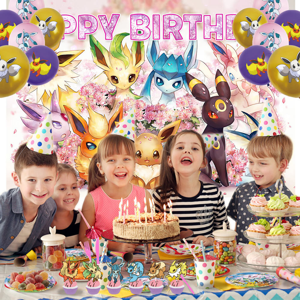 Eevee Happy Birthday Party Supplies Plates Balloon Cake Toppers Banner 5x3ft