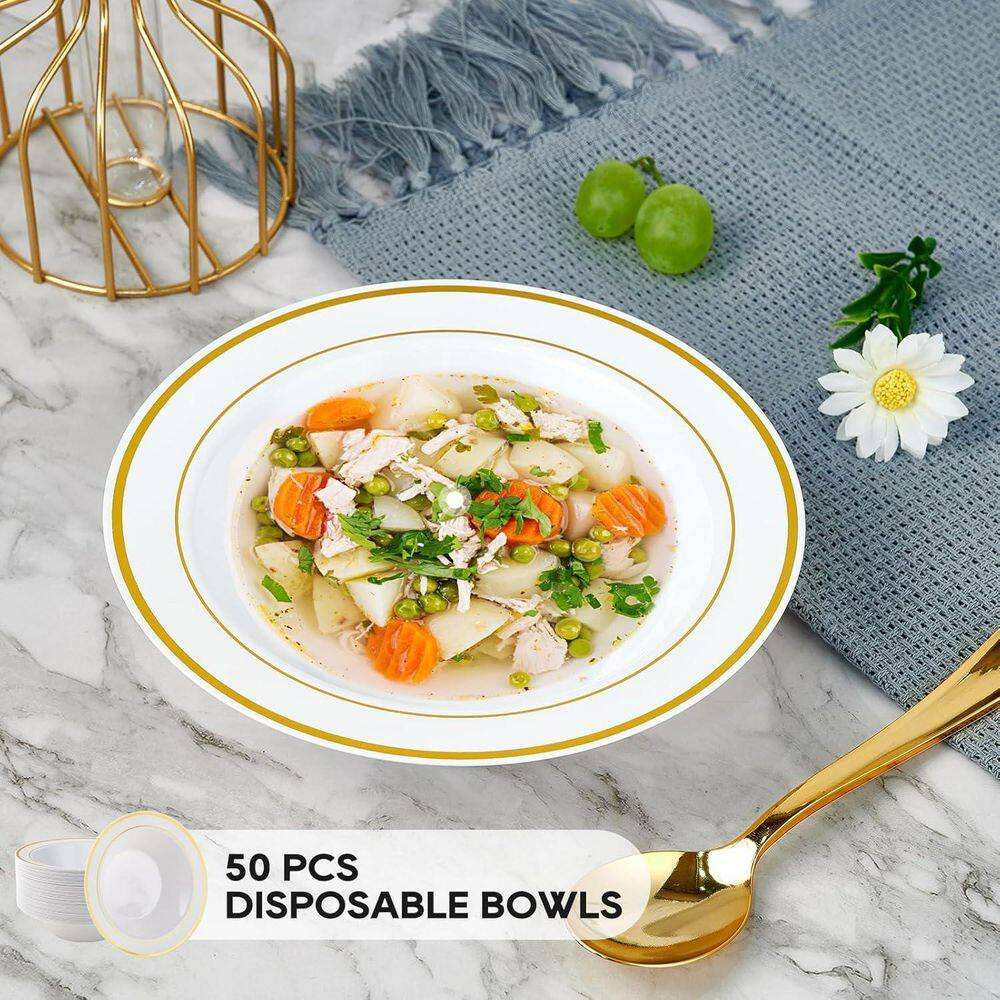 12 Fl. Oz. White Gold Rim White Plastic Dessert Salad Soup Bowls Disposable Part