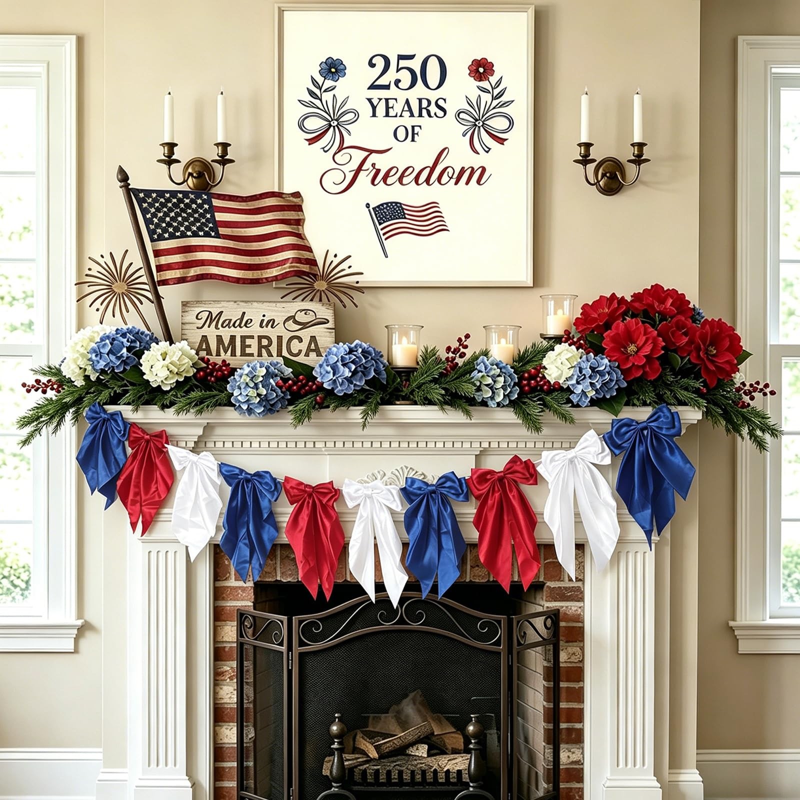 4th of July Decorations 6.6Ft Patriotic Bow Garland White Red Blue Silk Satin Ri
