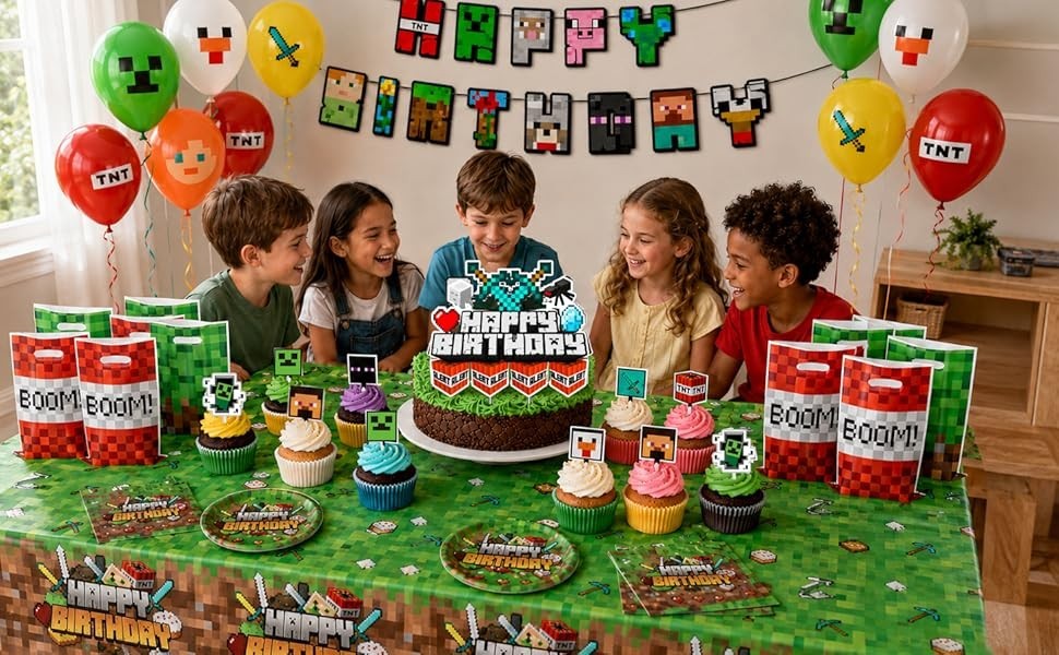 Pixel Birthday Party Decorations, Party Supplies Set Including Banner Tableware