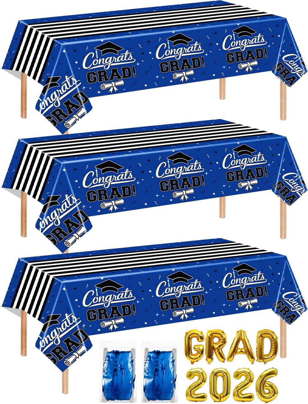 7-Pack Graduation Party Decorations Set, 3 Blue Graduation Tablecloths 54X108In,