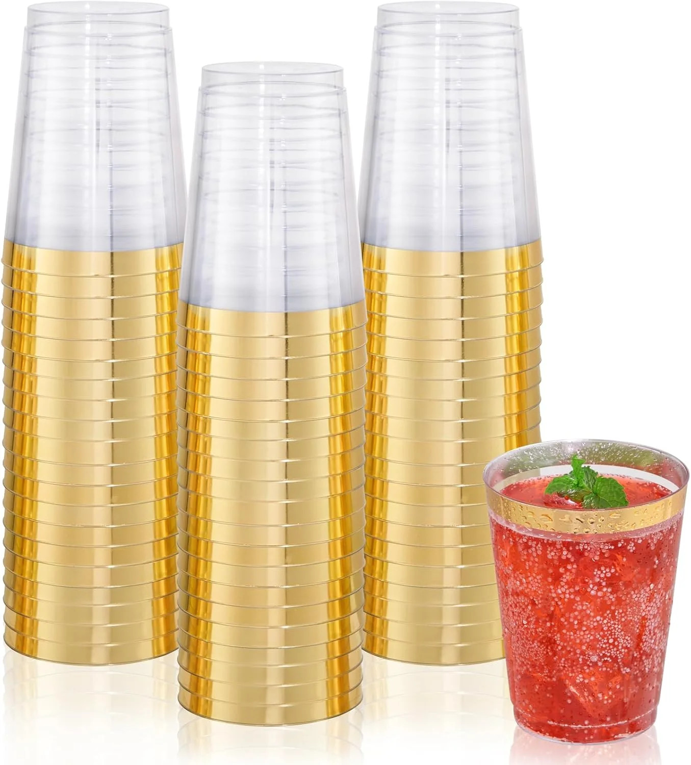 DaYammi 200 Pack Gold Plastic Cups 10 Oz Clear Cup Gold Rimmed Disposable Wine G