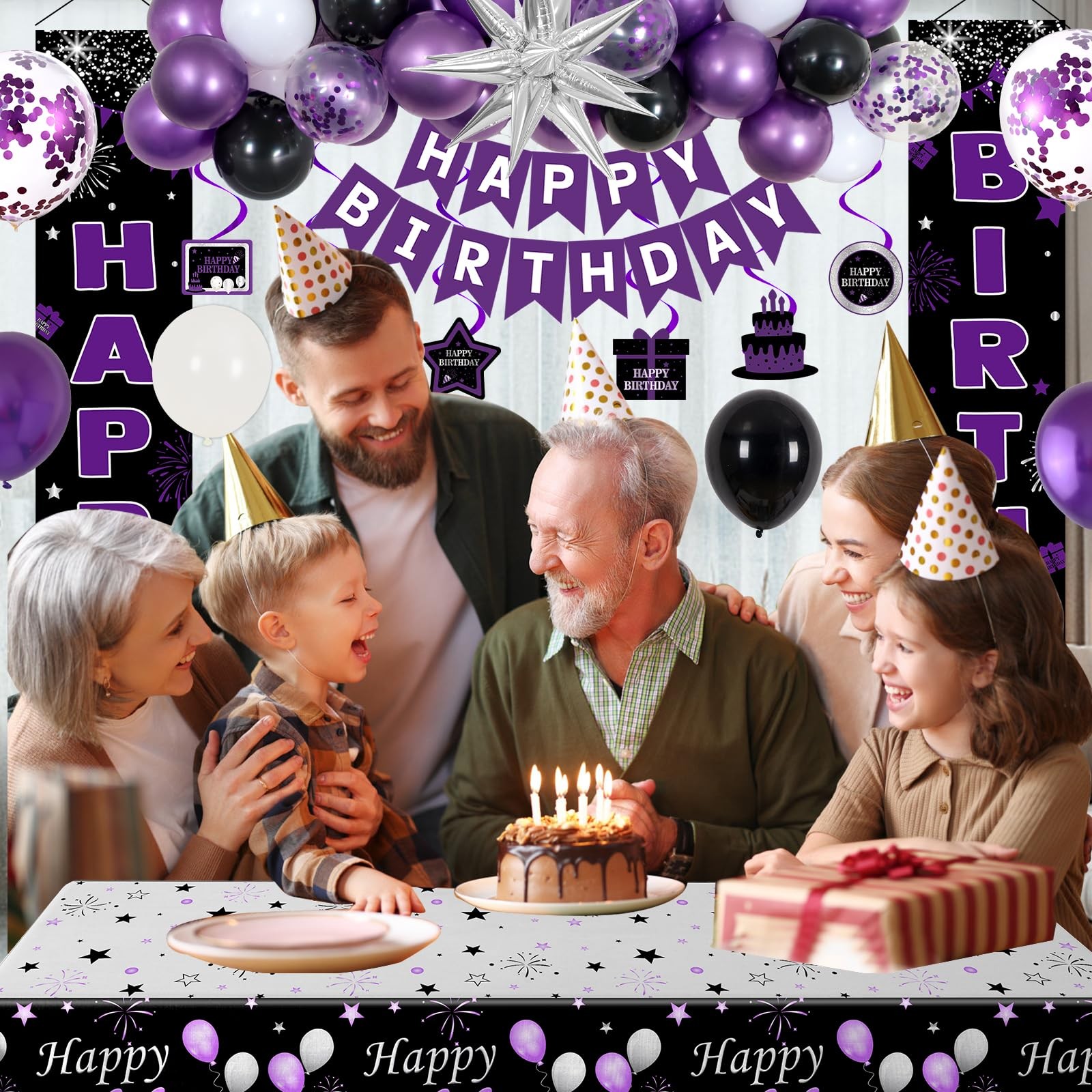 Black and Purple Birthday Decorations for Women Girls, Happy Birthday Decoration