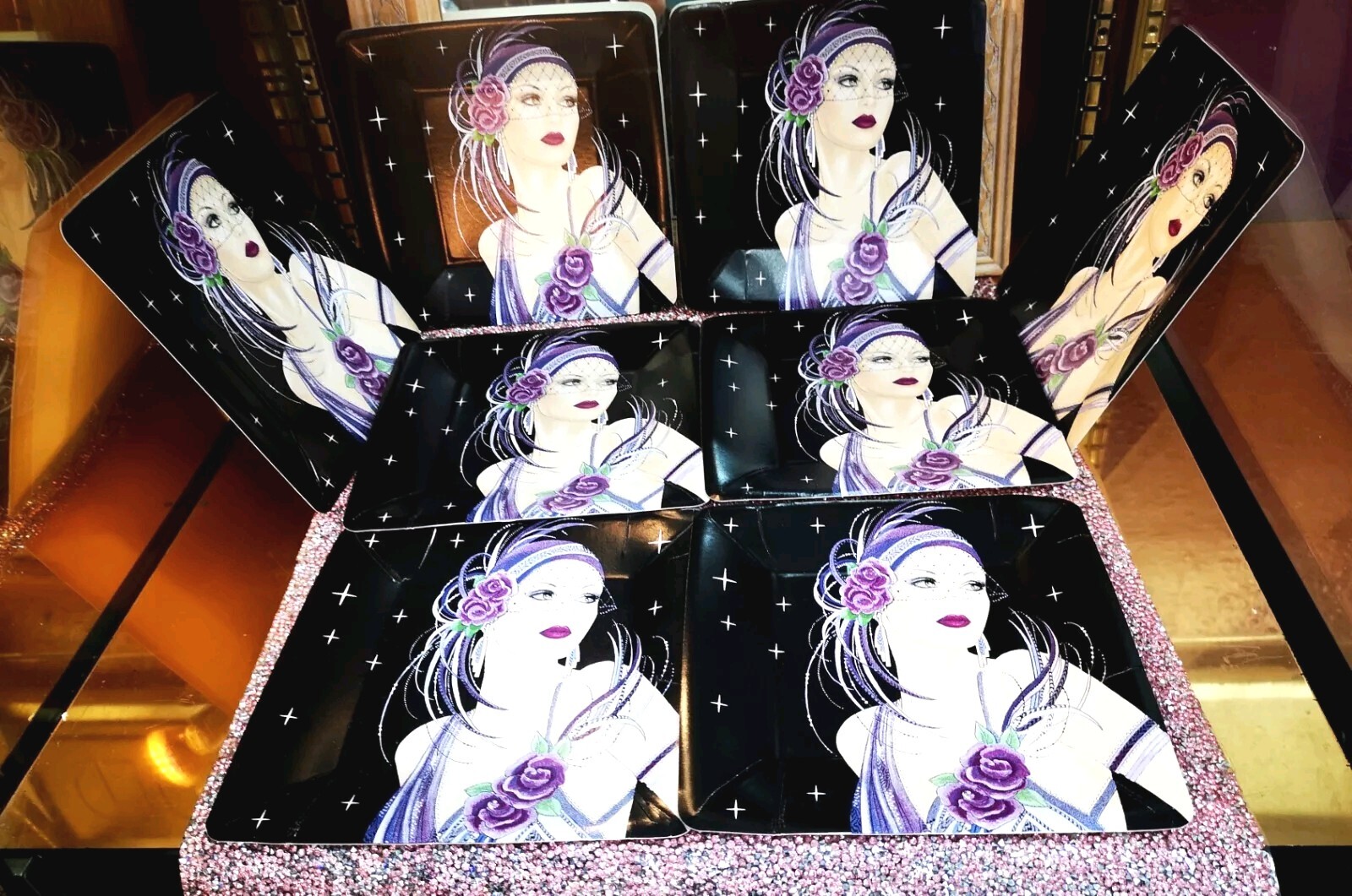 SET of 8 ART DECO LADY Party Plates CARDBOARD Shiny. 7 ” Squares. SEE PHOTOS.