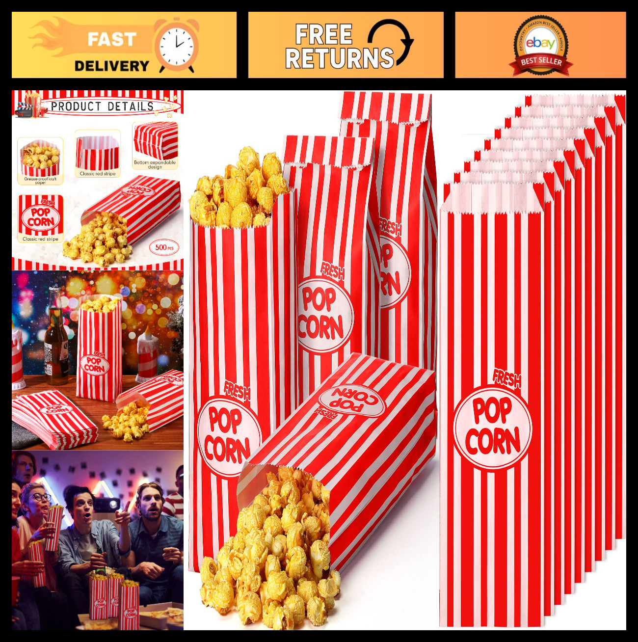 1000 Pcs 2oz Red Retro Striped Popcorn Bags – Disposable Party Favors for Events