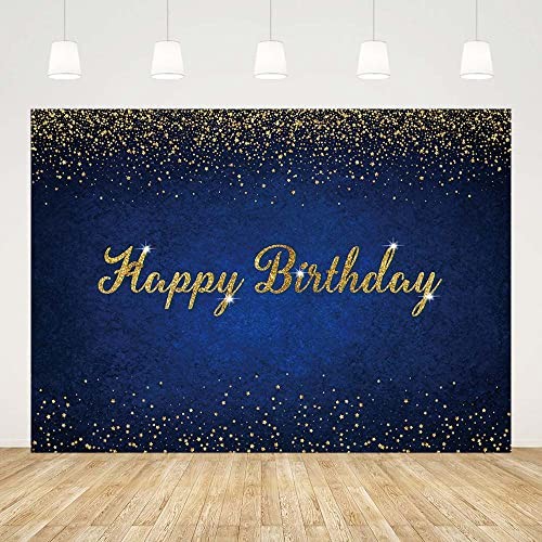 7x5ft Birthday Backdrop Happy Birthday Background Banner Gold 7X5ft Dark Blue