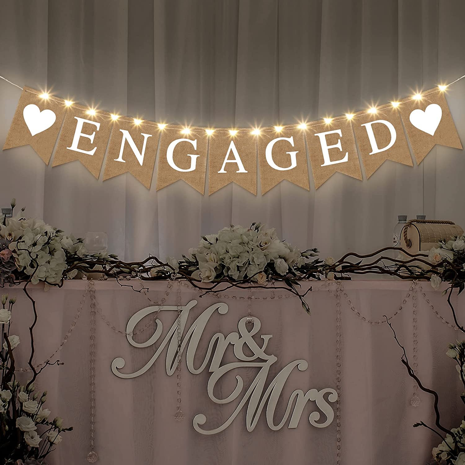 Engagement Party Decorations Engaged Banner LED Fairy Lights for Outdoor Decor