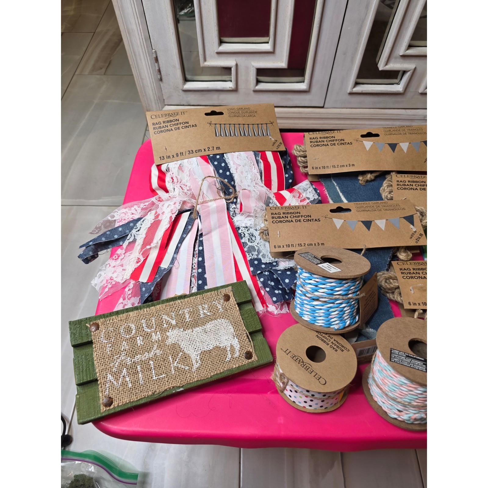 Celebrate It Rag Ribbon Garland Twine Lot Farmhouse Country Fresh Milk Sign NEW