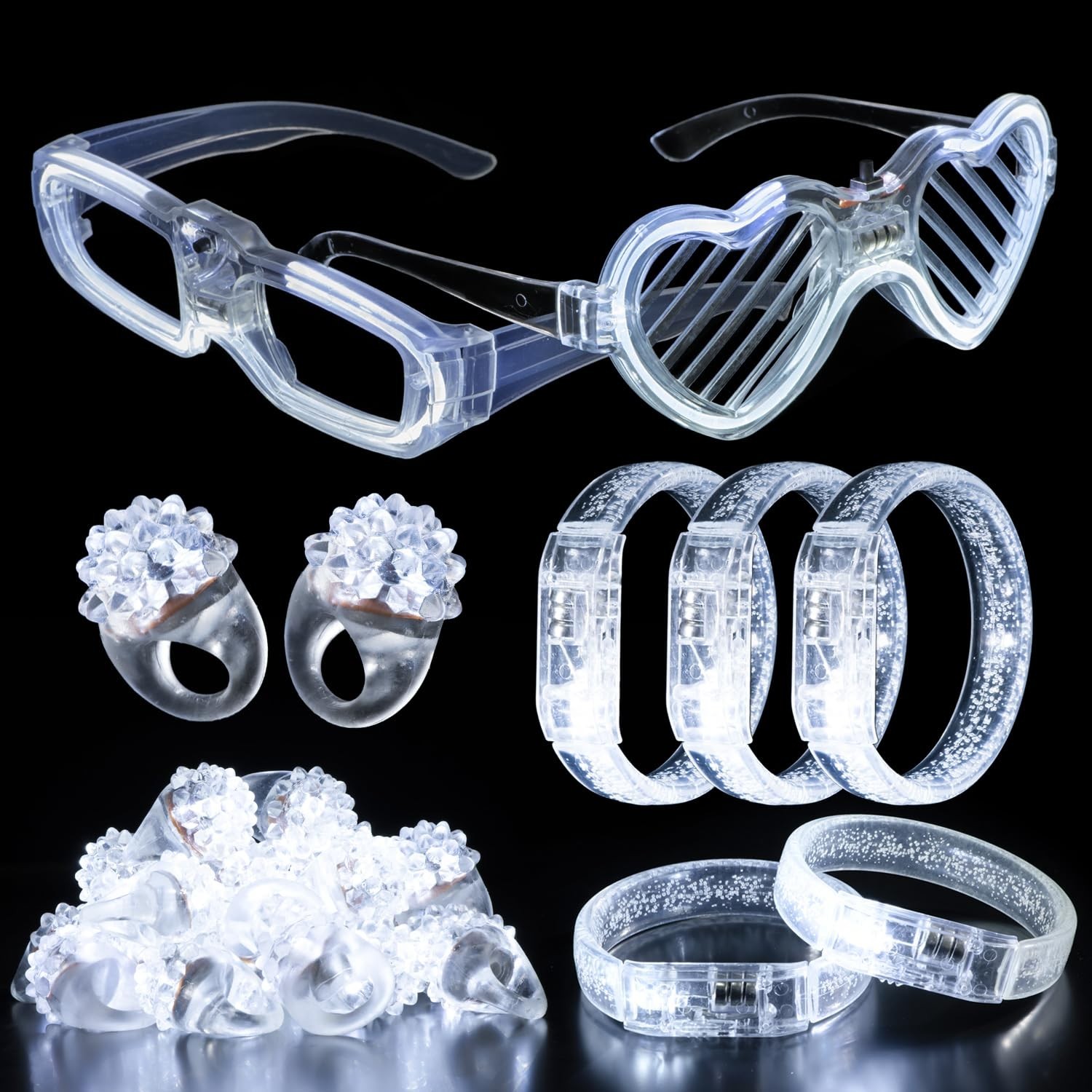 50Pcs Wedding Party Supplies Set – LED Flashing Glasses, Light Up Bracelets & Ri