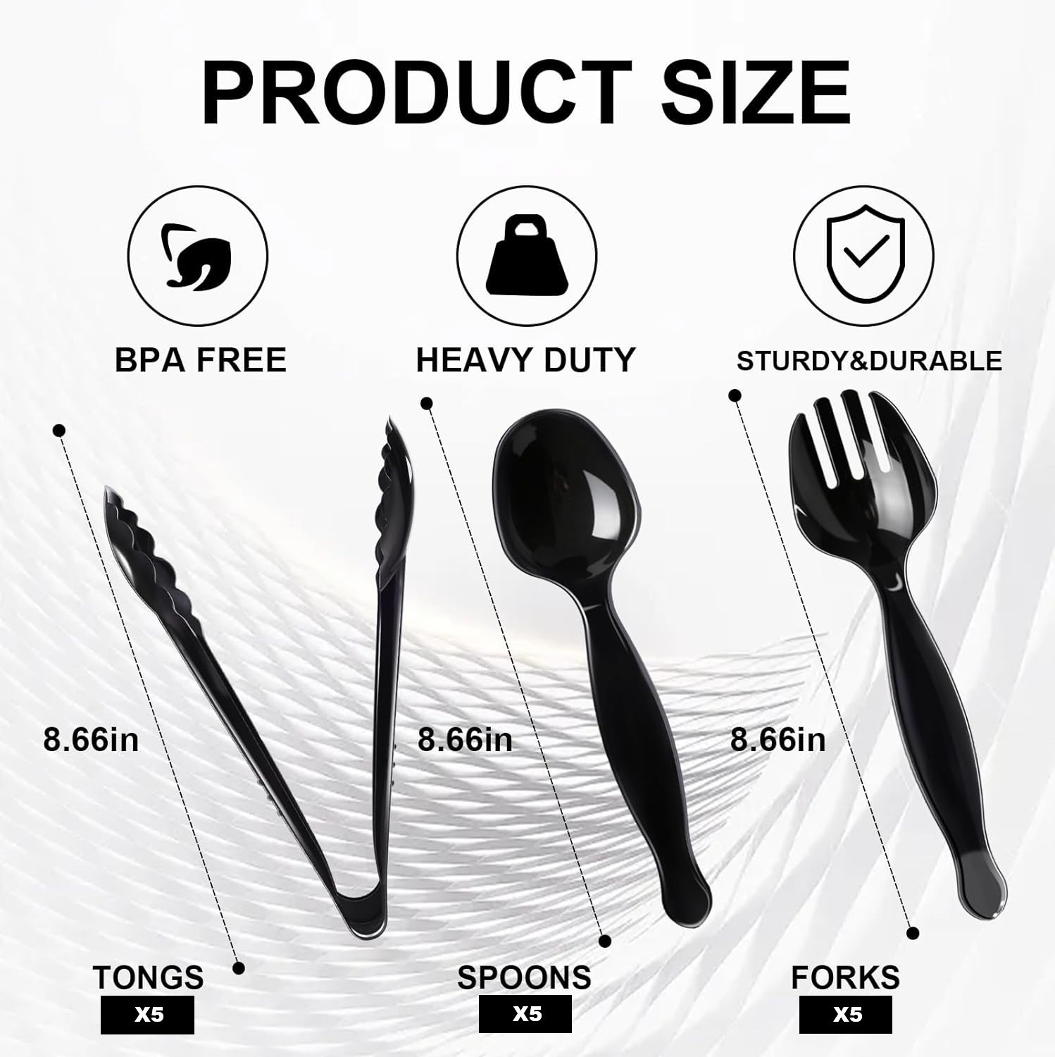 15 Pcs Disposable Black Plastic Serving Utensils, 5 Spoons, 5 Forks, and 5 Tongs