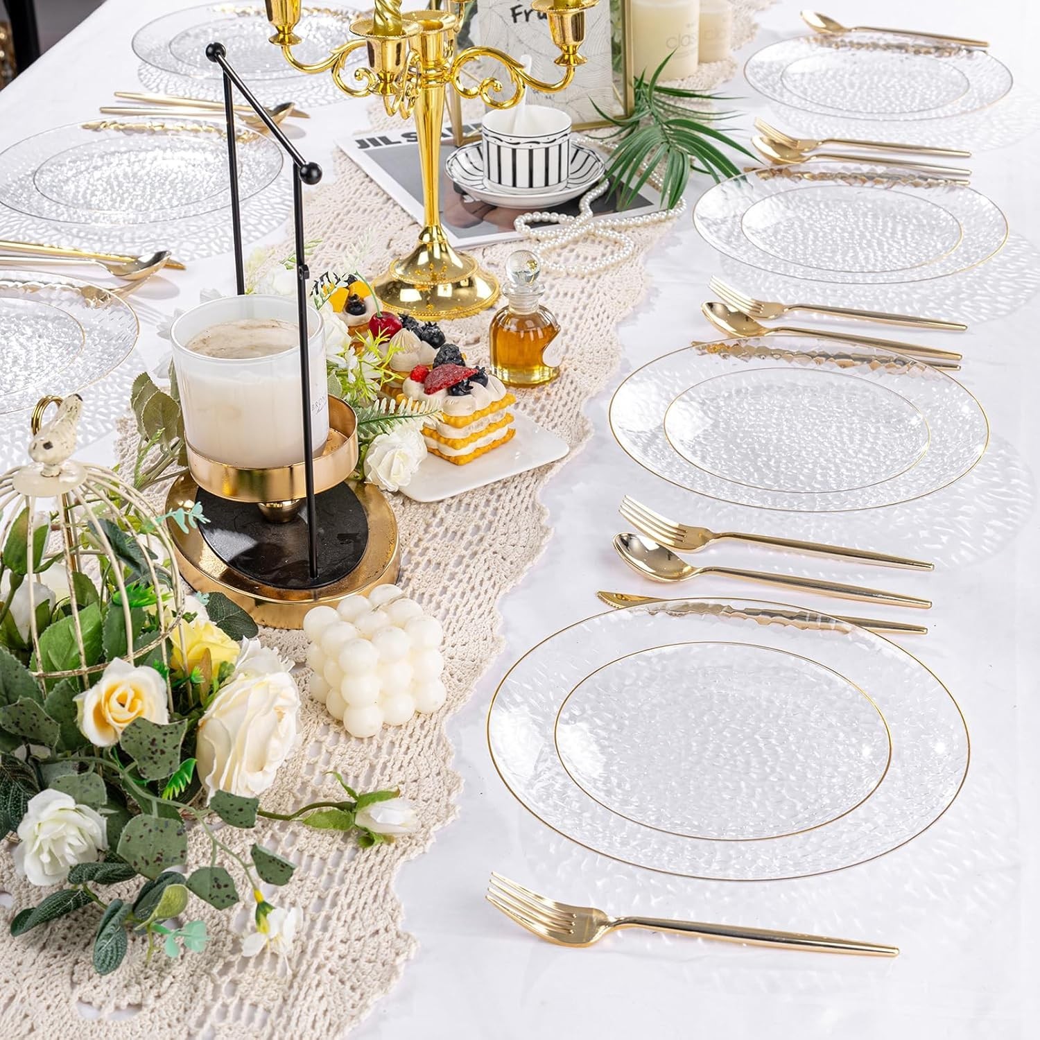 60Pcs Clear Plastic Plates,Clear Disposable Plates With Gold Rim,Heavy-duty G…