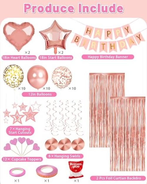 Happy Birthday Party Decorations, Happy Birthday Banner Foil Heart Rose Gold