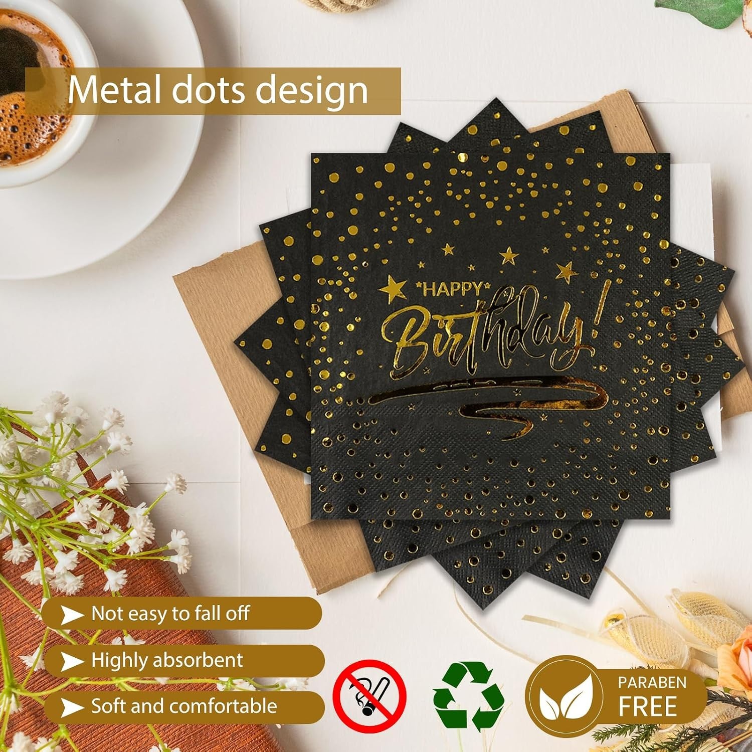 Birthday Party Plates Napkins Forks Set, 72 Pc, Black Gold Dot, Disposable
