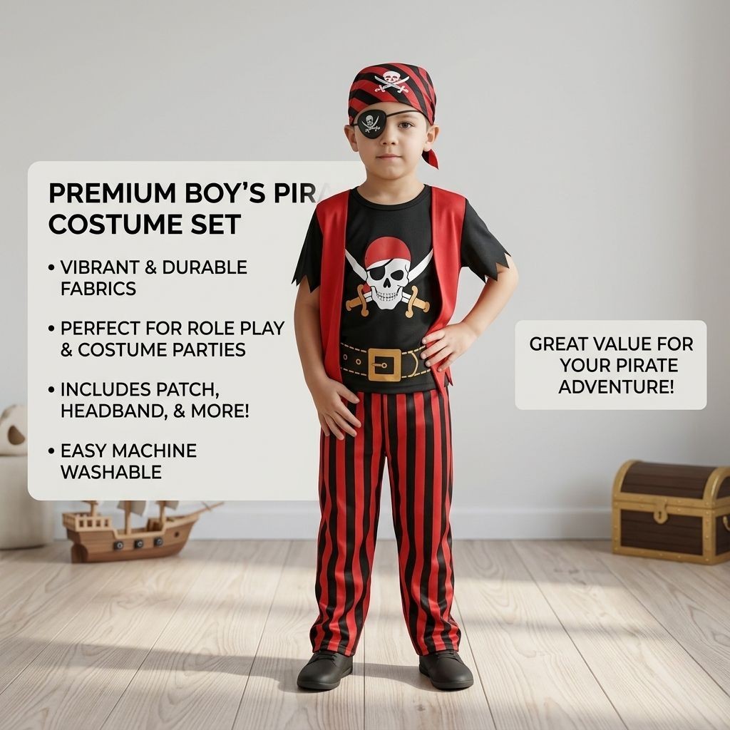 Kids Pirate Costume Set Boys Halloween Dress Up Outfit Adventure Role Play Kit