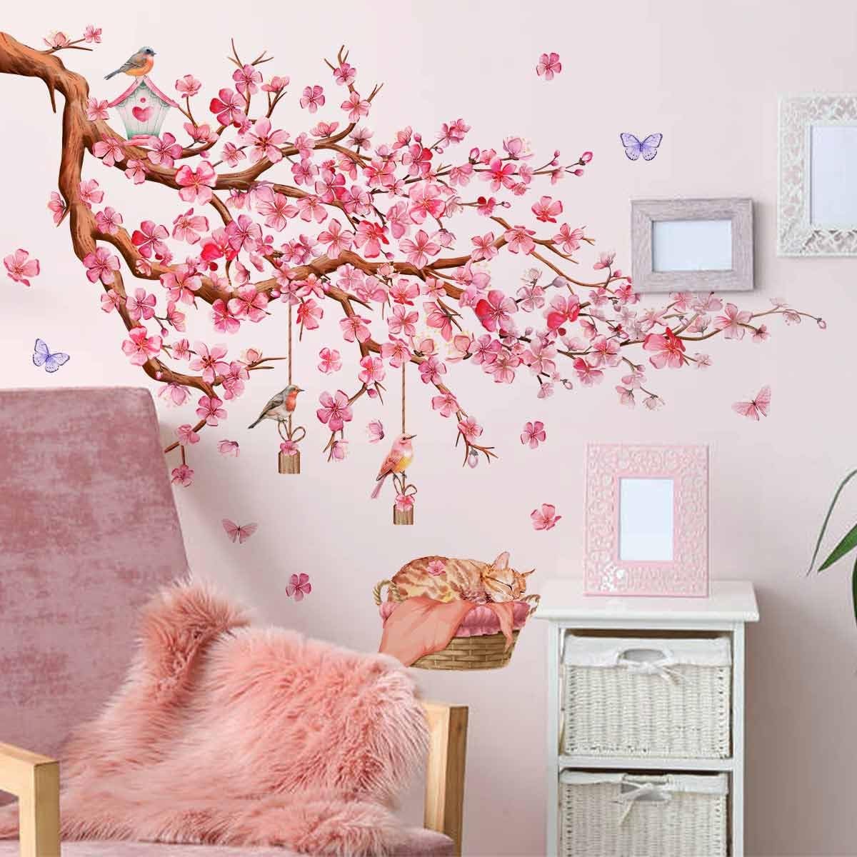 Siraveil Art Cherry Blossom Tree Wall Decals Birds Butterflies Pink Floral