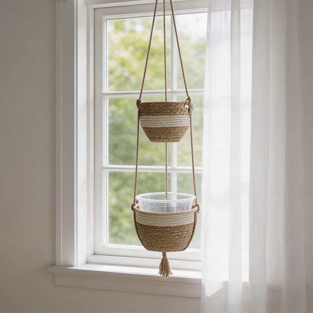 Natural Tone Hanging Plant Basket – Woven Wicker for Contemporary Home Decor