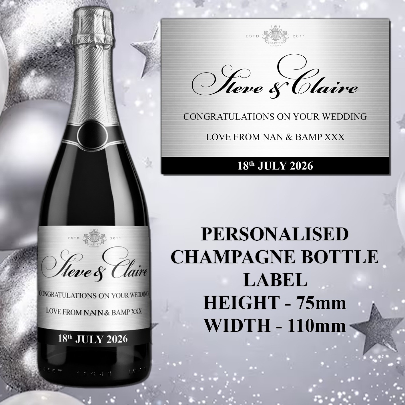 Personalised Champagne Prosecco Bottle Label Any Occasion Birthday Silver Gift